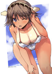 Rule 34 | 10s, 1girl, ass, bare shoulders, bikini, blue eyes, blush, breasts, brown hair, gluteal fold, hairband, hand on own head, hand on own knee, headgear, hiei (kancolle), kantai collection, large breasts, leaning forward, looking at viewer, one-piece tan, one eye closed, shinshin, short hair, side-tie bikini bottom, solo, swimsuit, tan, tanline, thigh gap, thighs, twitter username, white bikini