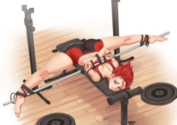 Rule 34 | 1girl, arms behind back, ass, barefoot, bdsm, bike shorts, blue eyes, bondage, borrowed character, bound, bound arms, feet, gym uniform, looking at viewer, lying, on stomach, original, red hair, solo, split, sports bra, spread legs, stormcow