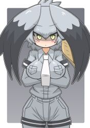 Rule 34 | 1girl, :/, angry, arms under breasts, black hair, blonde hair, blush stickers, bodystocking, border, breast pocket, breasts, brown hair, closed mouth, collared shirt, cowboy shot, crossed arms, green eyes, grey hair, grey shirt, grey shorts, hair between eyes, impossible clothes, impossible shirt, kemono friends, layered sleeves, long hair, long sleeves, looking at viewer, medium breasts, multicolored hair, necktie, outside border, pocket, shaded face, shirt, shirt tucked in, shoebill (kemono friends), short over long sleeves, short sleeves, shorts, slit pupils, solo, staring, v-shaped eyebrows, very long hair, white border, white necktie, wing collar, wirou