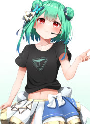 Rule 34 | 1girl, absurdres, black shirt, blue hair, butterfly hair ornament, closed mouth, cowboy shot, double bun, green hair, hair bun, hair ornament, hair ribbon, headset, highres, hololive, long hair, looking at viewer, midriff, multicolored hair, navel, pepushi drow, red eyes, ribbon, shirt, short sleeves, simple background, skirt, skull hair ornament, solo, standing, streaked hair, uruha rushia, virtual youtuber, white skirt