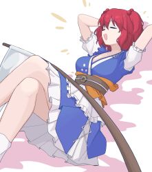 Rule 34 | 1girl, arms behind head, blue dress, closed eyes, coin, commentary request, crossed legs, dress, hair bobbles, hair ornament, highres, jamble04126992, korean commentary, obi, onozuka komachi, open mouth, sash, scythe, short hair, short sleeves, simple background, solo, touhou, two side up, white background