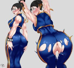 Rule 34 | 1girl, absurdres, aftersex, anus, ass, blush, bodysuit, breasts, capcom, chun-li, cum, cum in pussy, highres, muscular, muscular female, pussy, solo, street fighter, tagme, torn clothes