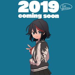 Rule 34 | 1girl, 2019, 320 (romsen), anniversary, bad id, bad twitter id, black hair, black jacket, black skirt, blue eyes, closed mouth, english text, from behind, hand in pocket, highres, jacket, kill la kill, letterman jacket, looking at viewer, looking back, matoi ryuuko, miniskirt, multicolored hair, pleated skirt, print jacket, red hair, short hair, simple background, skirt, smile, solo, standing, streaked hair, twitter username, two-tone hair, v