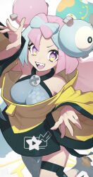 Rule 34 | 1girl, :d, aqua hair, bow-shaped hair, breasts, character hair ornament, creatures (company), game freak, grey pantyhose, hair ornament, hata4564, hexagon print, highres, iono (pokemon), jacket, long sleeves, looking at viewer, medium breasts, multicolored hair, nintendo, open mouth, pantyhose, pink hair, pokemon, pokemon sv, purple eyes, sharp teeth, simple background, single leg pantyhose, smile, solo, teeth, thigh strap, two-tone hair, upper teeth only, white background, yellow jacket
