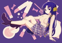 Rule 34 | 1girl, alternate costume, arm support, bare legs, black footwear, black hair, blunt ends, boots, bow, closed mouth, commentary, eyelashes, full body, hair bow, hair ribbon, impossible clothes, knee up, kurugaya yuiko, little busters!, long hair, looking at viewer, piyo (kinkooo333), plaid, plaid skirt, purple background, purple eyes, ribbon, signature, simple background, sitting, skirt, sleeves past wrists, smile, solo, straight hair, sweater, very long hair, yellow bow, yellow ribbon, yellow sweater