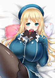 Rule 34 | 10s, 1girl, aqua eyes, atago (kancolle), blonde hair, breasts, cat-shaped pillow, frilled pillow, frills, glasses, gloves, hat, huge breasts, kantai collection, long hair, looking at viewer, lying, omamori, pantyhose, pillow, shibi, solo