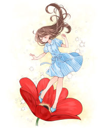 1girl anemone_(flower) arms_at_sides bare_legs beige_background blue_dress blue_footwear blue_ribbon blunt_bangs blush blush_stickers breasts brown_hair buttons closed_eyes curly_hair dress floating_hair flower full_body gradient_background happy high_heels kawanobe light_smile long_hair no_nose on_flower original oversized_flower puffy_short_sleeves puffy_sleeves red_flower ribbon short_dress short_sleeves simple_background small_breasts smile solo sparkle sparkle_background standing standing_on_one_leg striped_clothes striped_dress u_u vertical-striped_clothes vertical-striped_dress