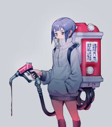 Rule 34 | 1girl, backpack, bag, bags under eyes, blue eyes, blue hair, blunt bangs, commentary request, cowboy shot, dated, dripping, gas can, gas pump, gas pump nozzle, grey background, hand in pocket, high collar, highres, hood, hoodie, looking at viewer, nc empire (circle), original, short hair with long locks, sidelocks, sign, simple background, socks, solo, tape, translation request, valentine, zipper pull tab