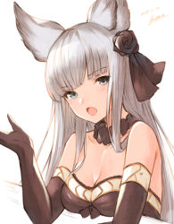 Rule 34 | 1girl, :o, animal ears, arm rest, bad id, bad pixiv id, bare shoulders, black dress, black flower, black gloves, black ribbon, black scrunchie, blue eyes, blush, breasts, cleavage, collarbone, commentary request, dated, dress, elbow gloves, erune, flower, gloves, granblue fantasy, hair flower, hair ornament, hair ribbon, hand up, head tilt, koretsuki azuma, korwa, long hair, looking at viewer, medium breasts, open mouth, ribbon, rose, scrunchie, sidelocks, signature, silver hair, simple background, sketch, sleeveless, sleeveless dress, solo, strapless, strapless dress, upper body, white background