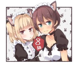 Rule 34 | 2girls, :3, animal ears, blonde hair, breasts, brown hair, cat ears, character request, choker, cleavage, commentary, episode number, flat chest, green eyes, hair between eyes, large breasts, looking at viewer, maid, maid headdress, multiple girls, new game!, official art, pout, puffy short sleeves, puffy sleeves, short hair, short sleeves, short twintails, tokunou shoutarou, twintails