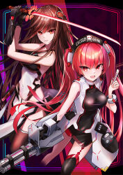 Rule 34 | 2girls, :d, black dress, black gloves, black thighhighs, blunt bangs, breasts, brown hair, character request, copyright request, covered navel, cropped legs, dress, garter straps, gloves, headgear, highres, holding, holding sword, holding weapon, katana, kie (yospcd), leotard, long hair, looking at viewer, medium breasts, multiple girls, open mouth, red eyes, red hair, short dress, single glove, single thighhigh, skin tight, sleeveless, sleeveless dress, smile, sound voltex, standing, sword, thighhighs, twintails, very long hair, weapon, white leotard