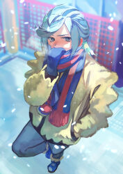 Rule 34 | 1boy, blue footwear, blue mittens, blue scarf, blurry, boots, breath, commentary request, covering own mouth, creatures (company), fence, game freak, grey pants, grusha (pokemon), hand in pocket, hand over own mouth, hand up, highres, jacket, leg up, long hair, male focus, mittens, nintendo, otsudou, outdoors, pants, poke ball print, pokemon, pokemon sv, scarf, scarf over mouth, snowing, solo, standing, standing on one leg, striped clothes, striped scarf, yellow jacket