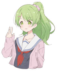 Rule 34 | 1girl, black shirt, blush, cardigan, collarbone, cropped torso, flower, flower necklace, green eyes, green hair, hair ornament, hair scrunchie, hairclip, hand up, high ponytail, jewelry, long hair, long sleeves, meito (maze), morinaka kazaki, neckerchief, necklace, nijisanji, open cardigan, open clothes, parted lips, pink cardigan, pink scrunchie, polka dot, polka dot scrunchie, ponytail, red neckerchief, sailor collar, scrunchie, shirt, simple background, sleeves past wrists, smile, solo, upper body, virtual youtuber, white background, white sailor collar