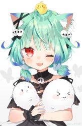 Rule 34 | 1girl, absurdres, ahoge, animal ear fluff, animal ears, artist name, bad id, bad pixiv id, bare shoulders, bird, black choker, black dress, blue hair, blush, bow, brooch, cat ears, chick, choker, detached collar, detached sleeves, dress, ear piercing, earrings, extra ears, frilled straps, ghost, gothic lolita, gradient hair, green hair, hair ornament, highres, holding, hololive, hololive fantasy, jewelry, lolita fashion, looking at viewer, low twintails, multicolored hair, noi mine, off-shoulder dress, off shoulder, one eye closed, open mouth, piercing, piyoko (uruha rushia), red eyes, ribbon, see-through, short hair, short twintails, skull earrings, skull hair ornament, smile, solo, twintails, uruha rushia, uruha rushia (3rd costume), virtual youtuber, white background