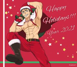 Rule 34 | 1boy, abs, akitaru oubi, bad id, bad twitter id, bara, bare pectorals, black hair, capelet, christmas, danzen, en&#039;en no shouboutai, foot out of frame, grin, happy holidays, hat, highres, jumping, looking at viewer, male focus, muscular, muscular male, navel, nipples, no shirt, pectorals, red capelet, santa costume, santa hat, short hair, sideburns, smile, solo, stomach