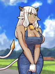 Rule 34 | 1girl, animal ears, ash (fire emblem), bare shoulders, bell, black horns, blue overalls, blush, breasts, cleavage, cow ears, cow girl, cow horns, cowbell, dark-skinned female, dark skin, denim, denim overalls, earrings, female focus, fire emblem, fire emblem heroes, gloves, highres, horns, jewelry, large breasts, long hair, mnejing30, naked overalls, neck bell, nintendo, official alternate costume, overalls, sideboob, solo, tail, white gloves, white hair