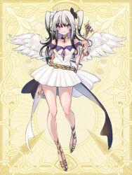 Rule 34 | 1girl, arisaka u, black hair, bracelet, breasts, chain paradox, chloe blanche, cleavage, dress, feathered wings, full body, gem, gradient hair, jewelry, medium breasts, multicolored hair, purple eyes, smile, solo, standing, twintails, two side up, wand, white dress, white hair, white wings, wings, yellow background