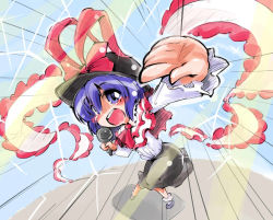 Rule 34 | 1girl, arm up, ascot, capelet, hat, hat ribbon, long sleeves, looking at viewer, microphone, music, nagae iku, open mouth, outstretched arm, perspective, purple eyes, purple hair, ribbon, shawl, shinapuu, shirt, singing, skirt, smile, solo, touhou