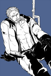 Rule 34 | 1boy, abs, belt, blue background, cigar, color background, fur trim, gloves, jacket, jitte, male focus, one piece, open clothes, open jacket, scar, sitting, smoker (one piece), smoking, solo, weapon, xla009