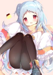 Rule 34 | 1girl, :d, ass, black footwear, blue hair, blush, boots, brown background, brown pantyhose, brown scarf, commentary request, food, jacket, knees up, long hair, long sleeves, miyako (princess connect!), open mouth, panties, panties under pantyhose, pantyhose, parted bangs, princess connect!, pudding, red eyes, scarf, shiratama (shiratamaco), sleeves past fingers, sleeves past wrists, smile, solo, two side up, underwear, very long hair, white jacket