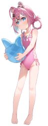 1girl absurdres ahoge animal_ears bare_arms bare_legs bare_shoulders barefoot black_bow blue_eyes blue_hair blush bow braid cameltoe closed_mouth collarbone commentary ear_bow frilled_one-piece_swimsuit frills full_body gluteal_fold groin hair_bow hair_ornament hair_rings hairclip highres holding indie_virtual_youtuber meito_(maze) mitsuki_shio multicolored_hair one-piece_swimsuit pink_hair pink_one-piece_swimsuit rabbit_ears simple_background solo standing streaked_hair swimsuit twin_braids two-tone_hair virtual_youtuber white_background white_bow x_hair_ornament