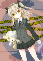 Rule 34 | 1girl, alternate eye color, bad id, bad pixiv id, bandana, black jacket, black necktie, black ribbon, black skirt, boko (girls und panzer), closed mouth, commentary request, cowboy shot, dress shirt, emblem, flipper, frown, girls und panzer, hair ribbon, holding, holding stuffed toy, jacket, light brown hair, long hair, long sleeves, looking at viewer, military, military uniform, miniskirt, necktie, one side up, pleated skirt, ribbon, selection university (emblem), selection university military uniform, shimada arisu, shirt, skirt, solo, standing, stuffed animal, stuffed toy, teddy bear, uniform, white shirt, wing collar, yellow eyes