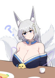 &gt;_&lt; 1girl ? absurdres animal_ear_fluff animal_ears azur_lane bare_shoulders black_kimono blue_eyes breast_rest breasts closed_mouth collarbone commentary flying_sweatdrops food fox_ears fox_girl hair_ornament highres japanese_clothes kimono kitsune kyuubi light_blush long_hair looking_at_viewer manjuu_(azur_lane) marin_liekuriva multiple_tails off_shoulder omelet omurice shinano_(azur_lane) table tail white_hair