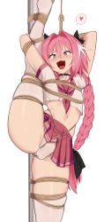 Rule 34 | 1boy, absurdres, ass, astolfo (fate), astolfo (sailor paladin) (fate), bagelbomb, bdsm, blush, bondage, bound, bow, braid, braided ponytail, crossdressing, crotch seam, curvy, fate/grand order, fate (series), hair bow, hair intakes, highres, long braid, long hair, looking at viewer, male focus, midriff, multicolored hair, navel, neckerchief, official alternate costume, open mouth, panties, pink hair, pink neckerchief, pink sailor collar, pink skirt, purple eyes, sailor collar, school uniform, serafuku, shibari, shirt, short sleeves, simple background, skirt, smile, solo, split, streaked hair, thick thighs, thighhighs, thighs, trap, underwear, white background, white hair, white panties, white shirt, white thighhighs, wide hips