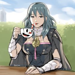 Rule 34 | 1girl, bendy straw, breasts, byleth (female) (fire emblem), byleth (fire emblem), cape, cup, cuphead, cuphead (game), drinking, drinking straw, eyebrows, fire emblem, fire emblem: three houses, grey eyes, grey hair, holding, holding cup, long hair, medium breasts, nintendo, sitting, sketch, smug, solo, stup-jam, super smash bros.