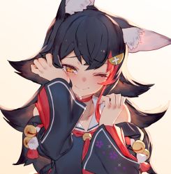 Rule 34 | 1girl, animal ear fluff, animal ears, bell, black hair, blush, brown eyes, commentary request, crying, crying with eyes open, hair ornament, hololive, izumi sai, jingle bell, long hair, long sleeves, multicolored hair, one eye closed, ookami mio, ookami mio (1st costume), red hair, solo, streaked hair, tears, upper body, virtual youtuber, wolf ears