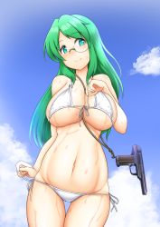 Rule 34 | 1girl, arm at side, belly, bikini, blue eyes, breasts, cleavage, cloud, commentary request, cowboy shot, dead people, front-tie bikini top, front-tie top, glasses, green hair, gun, handgun, highres, large breasts, long hair, monocle, navel, original, outdoors, side-tie bikini bottom, sidelocks, sky, solo, swimsuit, thighs, untying, weapon, weapon request, wet, wet clothes, white bikini
