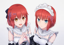 Rule 34 | 2girls, absurdres, alternate costume, black dress, blue bow, blue eyes, bow, brown eyes, closed mouth, commentary request, cosplay, crossover, detached collar, detached sleeves, dress, expressionless, fingernails, frills, hair bow, hair ornament, half updo, highres, hisui (tsukihime), kohaku (tsukihime), looking at viewer, maid, maid headdress, multiple girls, nanamisaki ayu, open mouth, own hands together, ram (re:zero), ram (re:zero) (cosplay), re:zero kara hajimeru isekai seikatsu, red hair, rem (re:zero), rem (re:zero) (cosplay), roswaal mansion maid uniform, short hair, siblings, simple background, sisters, smile, tongue, tsukihime, twins, uniform, upper body, white background, x hair ornament