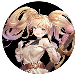 Rule 34 | 1girl, :d, ahoge, bare shoulders, belt, black background, blonde hair, blue eyes, blush, breast pocket, breasts, commentary request, dress, granblue fantasy, grey dress, long hair, long sleeves, medium breasts, monika weisswind, off-shoulder dress, off shoulder, ohihil, open mouth, pocket, round image, round teeth, sheath, sheathed, simple background, smile, solo, sword, teeth, upper body, upper teeth only, v-shaped eyebrows, very long hair, weapon