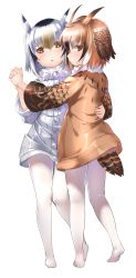 Rule 34 | 10s, 2girls, absurdres, bird tail, bird wings, black hair, blonde hair, brown hair, coat, eurasian eagle owl (kemono friends), fur collar, head wings, highres, holding hands, kemono friends, long sleeves, multicolored hair, multiple girls, no shoes, northern white-faced owl (kemono friends), owl ears, pantyhose, short hair, tadano magu, tail, white hair, wings, yellow eyes