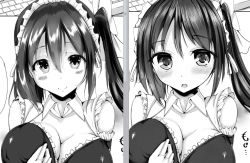 Rule 34 | 1girl, :o, blush, bow, breasts, cleavage, copyright request, detached collar, greyscale, hair bow, hair ribbon, large breasts, looking at viewer, maid headdress, making-of, mokufuu, monochrome, multiple views, ribbon, smile, twintails, unfinished