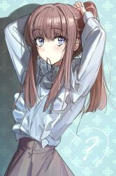 Rule 34 | 1girl, arms up, black skirt, blue eyes, blush, brown hair, commentary request, frilled shirt, frills, hair tie, highres, holding, holding own hair, long hair, long sleeves, looking at viewer, mouth hold, original, ponytail, shadow, shirt, shirt tucked in, sidelocks, skirt, solo, tying hair, wata (attaka towel)