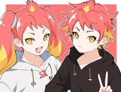 Rule 34 | 1boy, 1girl, :d, black hoodie, blonde hair, brother and sister, closed mouth, commentary request, drawstring, fangs, hikasa shikatarou, hikasa tomoshika, hood, hood down, hoodie, kiko (kikobooom), multicolored hair, open mouth, red background, red hair, siblings, smile, two-tone background, two-tone hair, upper body, v, v-shaped eyebrows, virtual youtuber, voms, white background, white hoodie, yellow eyes
