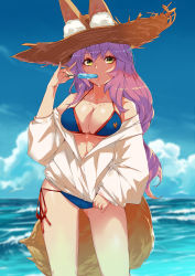 Rule 34 | 1girl, animal ear fluff, animal ears, bare shoulders, bikini, bikini under clothes, blue bikini, blue sky, breasts, cleavage, collarbone, day, ears through headwear, fate/grand order, fate (series), food, fox ears, fox tail, hair between eyes, halterneck, hat, highres, hip focus, jacket, large breasts, long hair, looking at viewer, ocean, off shoulder, ohland, pink hair, popsicle, side-tie bikini bottom, sky, solo, straw hat, string bikini, sun hat, swimsuit, tail, tamamo (fate), tamamo no mae (fate/extra), tamamo no mae (swimsuit lancer) (fate), tamamo no mae (swimsuit lancer) (first ascension) (fate), thighs, white jacket, yellow eyes