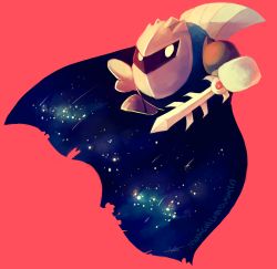 Rule 34 | cape, commentary, english commentary, full body, highres, holding, holding sword, holding weapon, kirby (series), meta knight, musicalcombusken, nintendo, red background, signature, simple background, sky, solo, star (sky), starry sky, sword, weapon