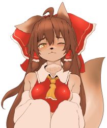Rule 34 | 1girl, ahoge, animal ears, bare shoulders, blush, body fur, bow, breasts, brown eyes, brown hair, closed mouth, dog ears, dog girl, dog tail, furrification, furry, furry female, hair bow, hair ornament, hair tubes, hakurei reimu, hawthorn, highres, japanese clothes, long hair, looking at viewer, miko, one eye closed, simple background, small breasts, solo, tail, touhou, upper body, white background