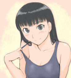 Rule 34 | 1girl, amagami, ayatsuji tsukasa, black eyes, black hair, breasts, cleavage, clothes pull, long hair, one-piece swimsuit pull, pulling own clothes, simple background, sketch, small breasts, smile, solo, swimsuit, ueyama michirou