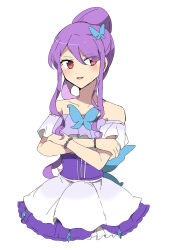 Rule 34 | 1girl, bare shoulders, blush, bracelet, butterfly hair ornament, cropped legs, crossed arms, dress, hair between eyes, hair ornament, high ponytail, highres, jewelry, junon (pripara), long hair, looking at viewer, nojima minami, open mouth, pretty series, pripara, purple dress, purple hair, red eyes, sidelocks, simple background, smile, solo, strapless, strapless dress, very long hair, white background