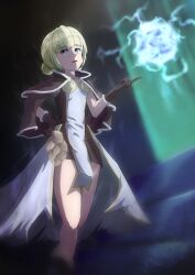 Rule 34 | 1girl, absurdres, aura, bio lab, blonde hair, boots, breasts, brown cape, brown dress, brown footwear, brown gloves, cape, commentary request, double bun, dress, electricity, electrokinesis, feet out of frame, fur-trimmed cape, fur-trimmed gloves, fur trim, gloves, green eyes, hair bun, high wizard (ragnarok online), highres, holding, holding wand, index finger raised, kathryne keyron, layered dress, litschika, looking at viewer, medium bangs, open mouth, ragnarok online, short dress, short hair, small breasts, smile, solo, strapless, strapless dress, two-tone dress, wand, white dress