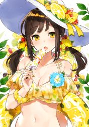 Rule 34 | 1girl, :o, bare shoulders, breasts, brown hair, cleavage, collarbone, commentary request, food, fruit, green eyes, halterneck, hat, hat ornament, highres, holding, holding food, innertube, large breasts, leaf, lemon, lemon slice, long hair, looking at viewer, low twintails, midriff, mika pikazo, multicolored eyes, nail polish, navel, off shoulder, open mouth, original, popsicle, scrunchie, sidelocks, solo, sun hat, swim ring, twintails, upper body, wrist scrunchie, yellow eyes