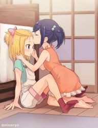 Rule 34 | 2girls, :o, bad id, bad pixiv id, bangs pinned back, barefoot, bed, bedroom, bedside, blonde hair, blue hair, blush, bow, dress, closed eyes, flip flappers, kissing forehead, from side, hair bobbles, hair bow, hair ornament, hair ribbon, indoors, kiss, kissing forehead, kneeling, kokomine cocona, multiple girls, niina ryou, no shoes, on floor, open mouth, orange dress, overalls, profile, purple eyes, ribbon, room, shirt, short hair, short twintails, sidelocks, sitting, sleeveless, sleeveless dress, socks, t-shirt, toe scrunch, toes, twintails, twitter username, yayaka, aged down, yuri