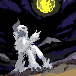 Rule 34 | absol, apios, bad id, bad pixiv id, blue sky, claws, cloud, creatures (company), dutch angle, feathered wings, full body, full moon, game freak, gen 3 pokemon, hair over one eye, japanese text, mega absol, mega pokemon, moon, night, night sky, nintendo, no humans, open mouth, outdoors, pokemon, pokemon (creature), red eyes, sky, solo, standing, translated, white hair, wings