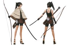 Rule 34 | 1girl, absurdres, arm strap, arrow (projectile), bare legs, bare shoulders, belt, belt buckle, bike shorts, black footwear, black gloves, black hair, bow (weapon), brown skirt, buckle, commentary, english commentary, from behind, full body, gloves, guweiz, hair ornament, hairclip, high heels, highres, holding, holding bow (weapon), holding sword, holding weapon, legs apart, long hair, miniskirt, multiple views, original, parted lips, ponytail, profile, quiver, sheath, shorts, shorts under skirt, simple background, single glove, sketch, skirt, standing, sword, tank top, weapon, white background