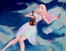 Rule 34 | 1girl, artist name, bare shoulders, blonde hair, bow (music), crying, dress, floating, folded note, folded paper, grey eyes, highres, holding, holding instrument, hyafumi, instrument, knees together feet apart, light smile, looking up, miyazono kawori, note, paper, shigatsu wa kimi no uso, solo, violin, water, white dress