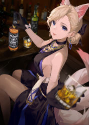 Rule 34 | 1girl, a-soul, absurdres, animal ear fluff, animal ears, arms up, backless outfit, bar (place), bare back, bare shoulders, belt, bigroll, black dress, black gloves, blonde hair, blue eyes, blurry, bottle, bow, breasts, chinese commentary, choker, closed mouth, commentary, cup, dress, drinking glass, earrings, eileen (a-soul), feet out of frame, from side, gloves, hair bun, highres, holding, holding bottle, holding cup, jewelry, looking at viewer, looking to the side, medium breasts, necklace, outstretched arm, pantyhose, sideboob, single hair bun, sitting, solo, tail, virtual youtuber