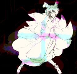Rule 34 | 1girl, animal hat, female focus, fox tail, hat, long sleeves, looking at viewer, mob cap, monochrome, multiple tails, mob cap, shoes, short hair, solo, spread legs, standing, tabard, tail, tassel, touhou, wide sleeves, yakumo ran, yukizen